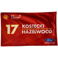 A red racing team flag featuring Shell V-Power Racing Team branding, number 17, the name KOSTECKI HAZELWOOD, and Ford Racing logos and marks.
