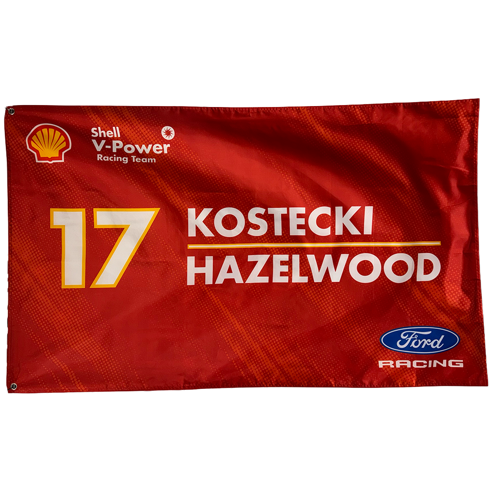 A red racing team flag featuring Shell V-Power Racing Team branding, number 17, the name KOSTECKI HAZELWOOD, and Ford Racing logos and marks.