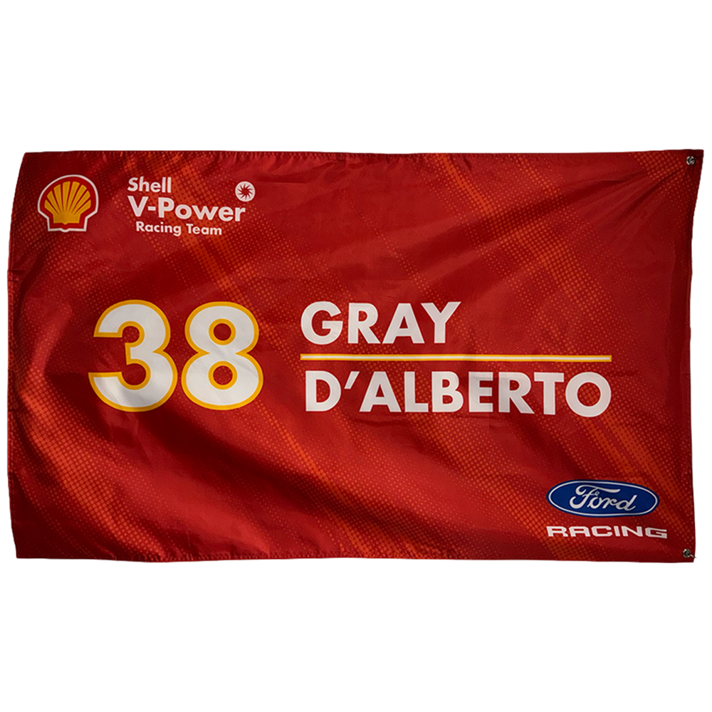 A red racing team flag featuring Shell V-Power Racing Team branding, the number 38, the name GRAY D'ALBERTO, and a Ford Racing logo, shown against a plain white background.