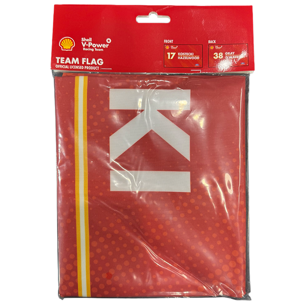 A red Shell V-Power Racing Team flag in retail packaging.